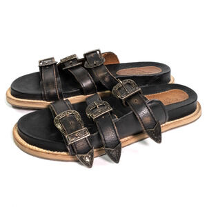 Freebird by Steven Franki Black Brown Leather Slip On Buckle Sandals Size 8